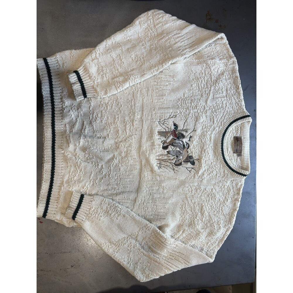 Vtg Shenandoah Mens Large Sweater Embroidered Ducks Cream Pullover 100% Cotton